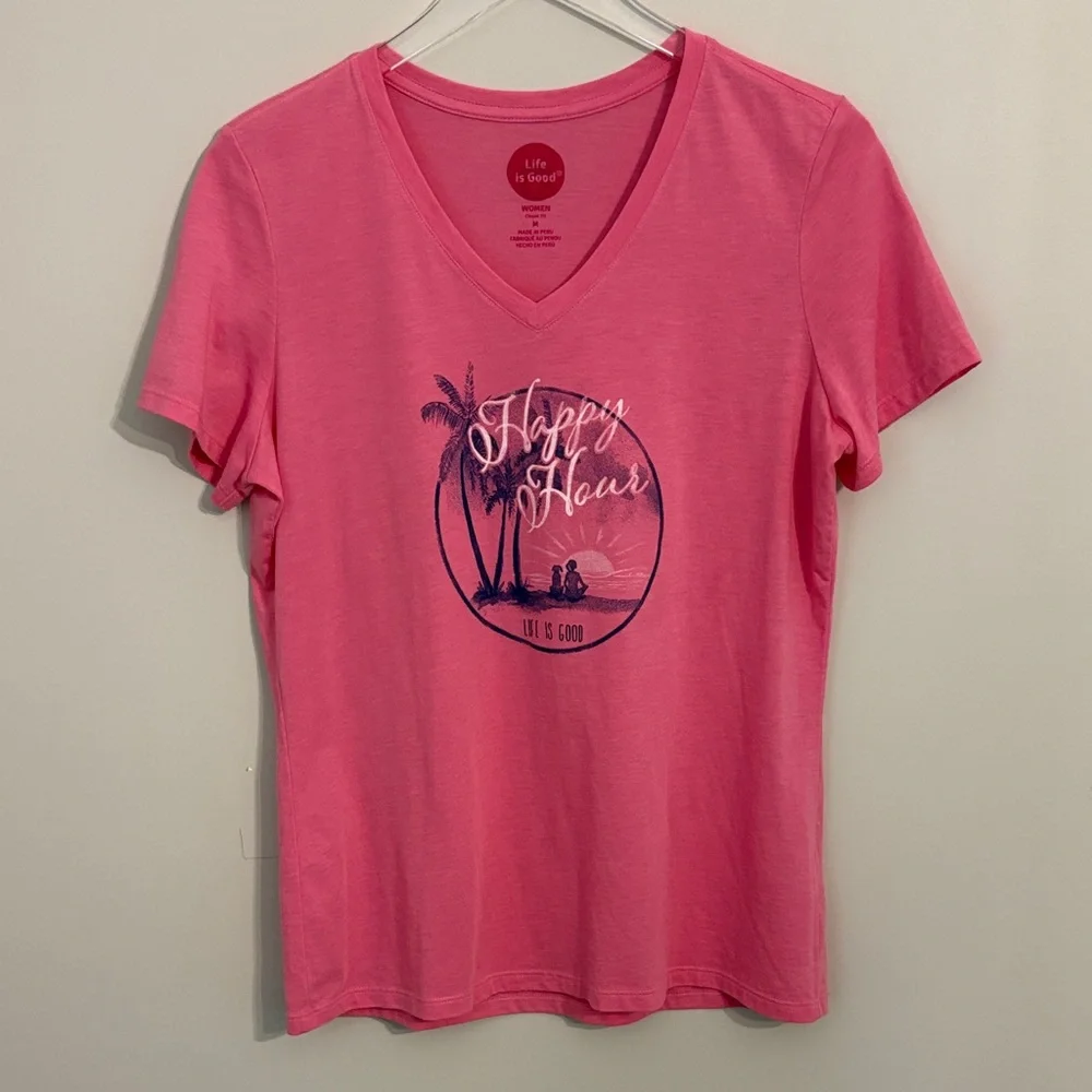 Life Is Good Pink V-Neck Tee with Graphic - Picture 1 of 5